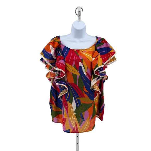 Marc New York Multicolor Tropical Ruffle Sleeve Blouse Womens 2X Lace Trimmed - Picture 1 of 8